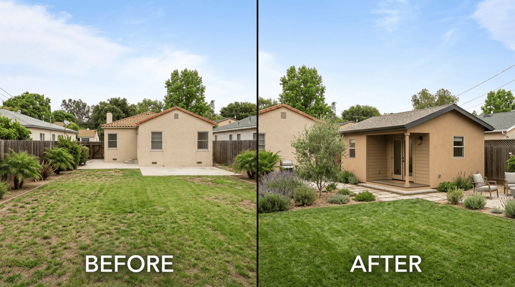 Split-screen Southern California backyard before and after ADU