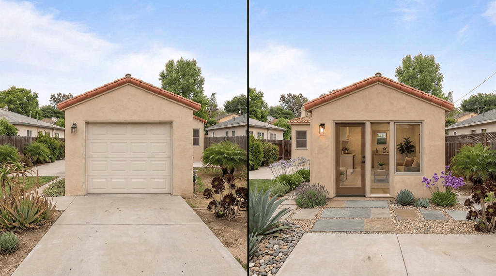 Illustrative before-and-after: detached garage converted into guest suite