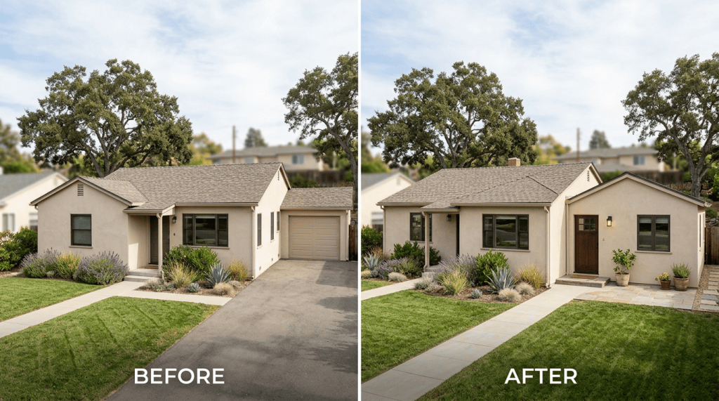 Before-and-after comparison of a bungalow exterior renovation