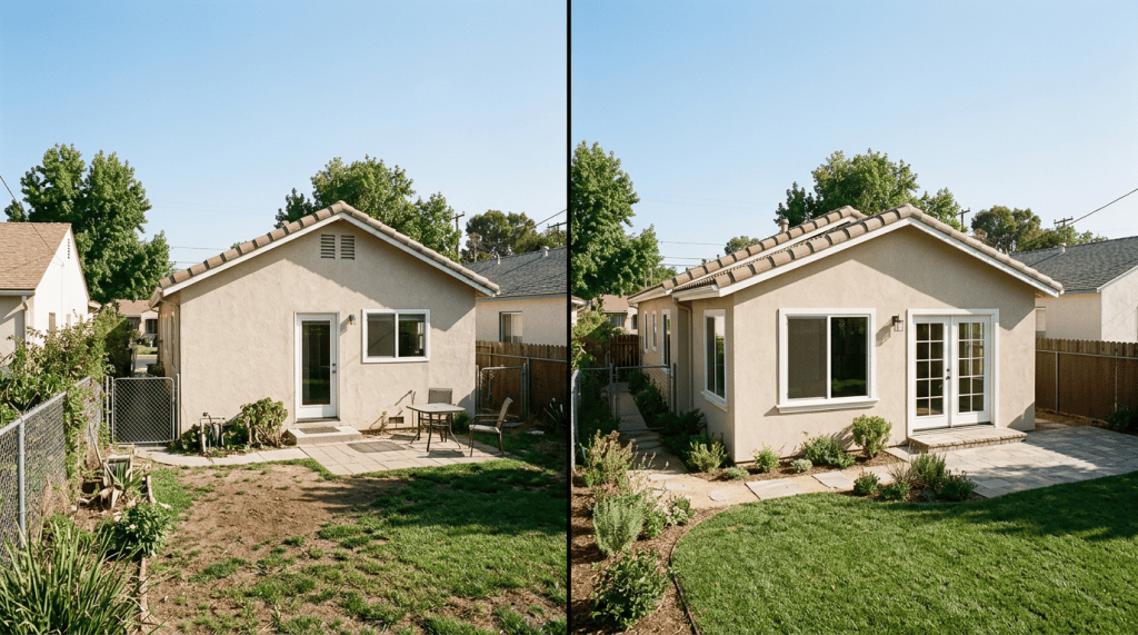 Before-and-after views of a renovated backyard cottage exterior