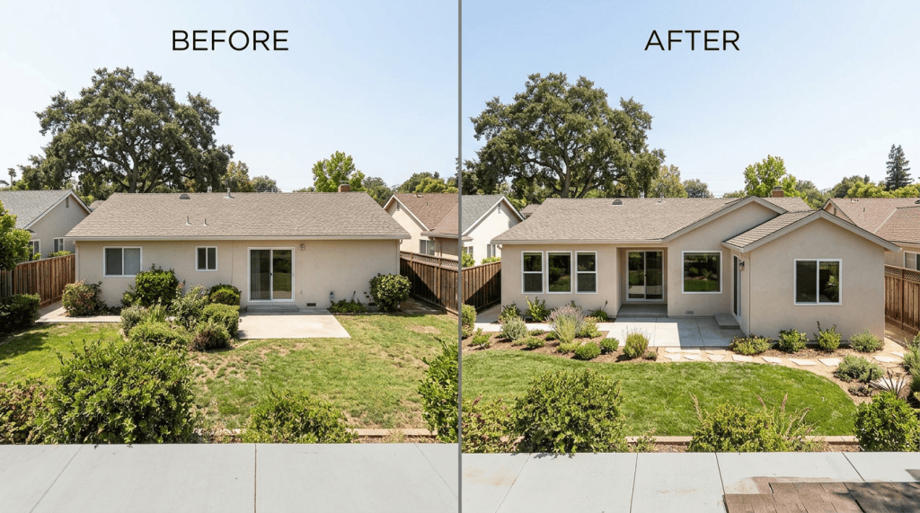 Before-and-after comparison of a backyard landscaping renovation