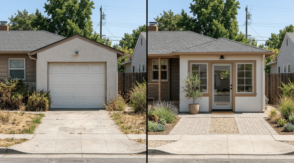 Split view showing a dated garage before and renovated dwelling entrance after